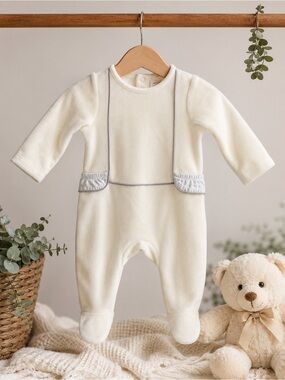 Cream Baby Footed Romper with Light Gray Trim 0-3M